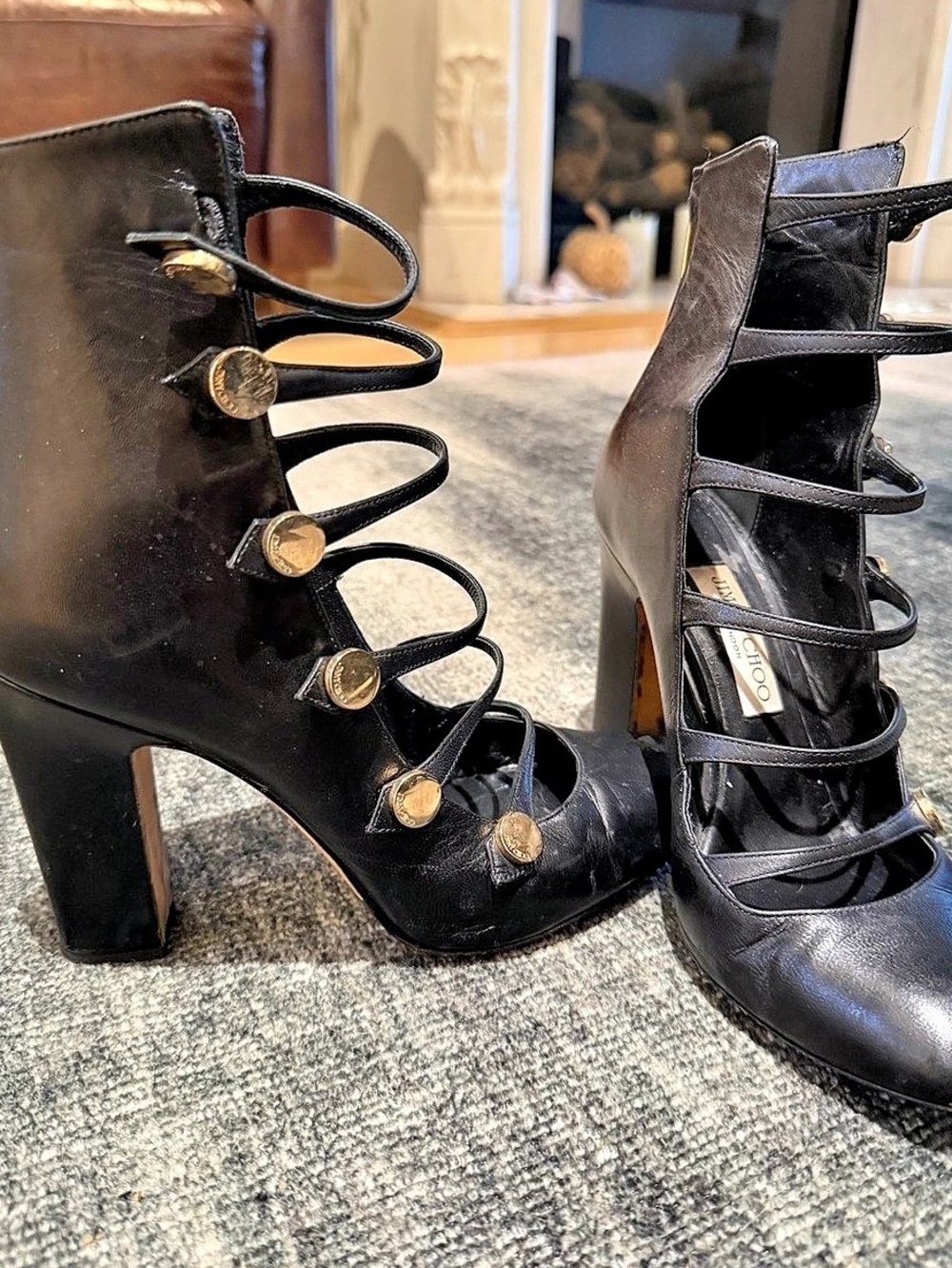 Authentic well-loved Jimmy Choo Black Cage Strap Heels VENICE 100s